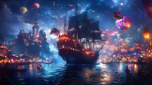 Mystical Night Harbor with Castle and Hot Air Balloons