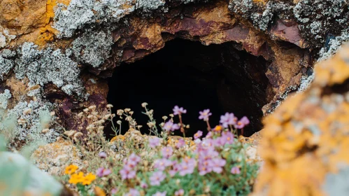 Enigmatic Cave Entrance Amidst Blossoms