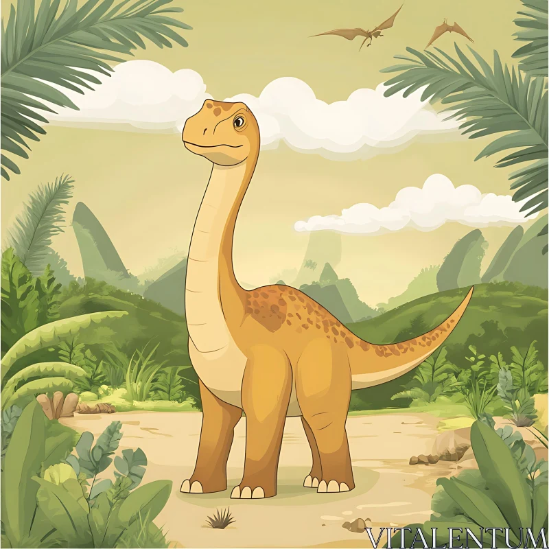 Prehistoric Jungle with Dinosaur Illustration AI Image