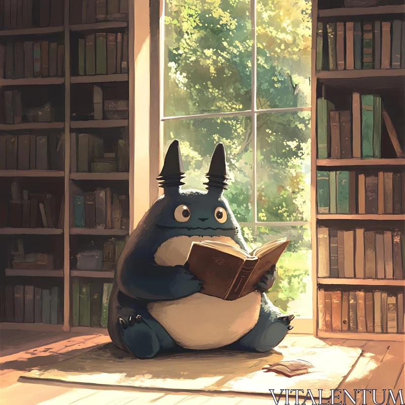 Charming Library Scene with a Reading Creature AI Image