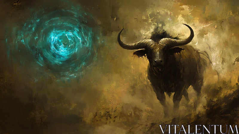 Bull Charging through Mystical Landscape AI Image