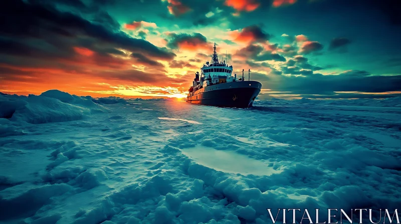 Vessel on Ice with a Setting Sun AI Image