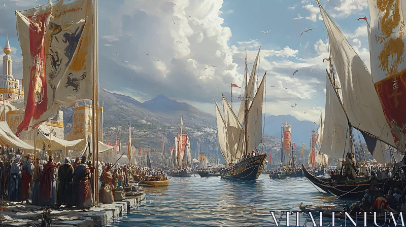 Medieval Sailboats and Crowded Harbor AI Image