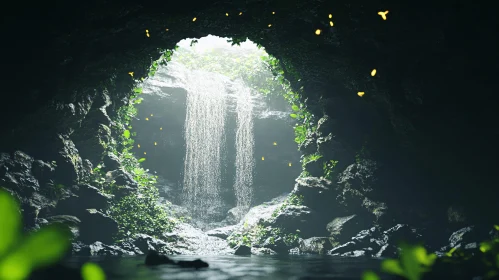 Mystical Waterfall Inside Lush Cave