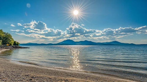 Tranquil Lake Shore with Mountain Backdrop