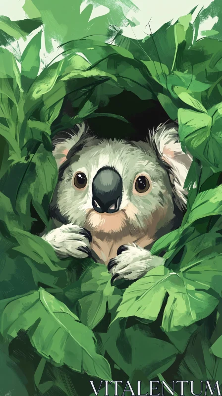 Koala Peeking through Leaves AI Image