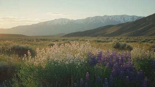 Serene Landscape of Blooming Wildflowers and Mountains at Sundown