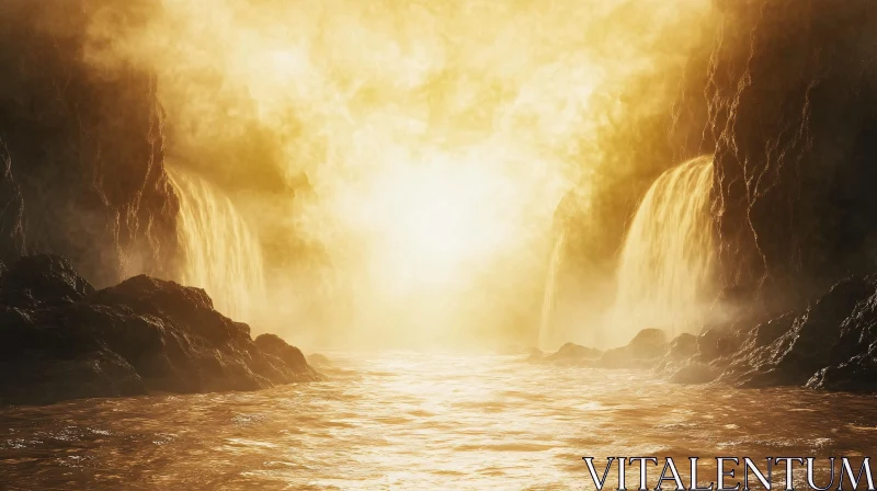 AI ART Nature's Golden Glow Over Majestic Waterfalls