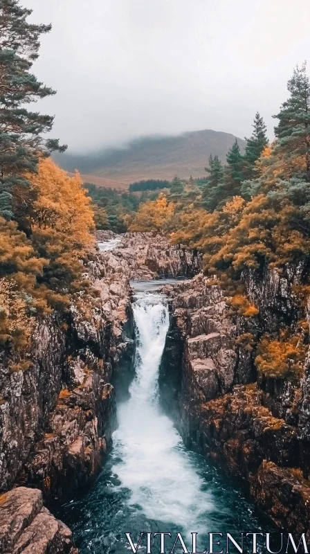 Serene Autumn Waterfall in Forested Mountains AI Image