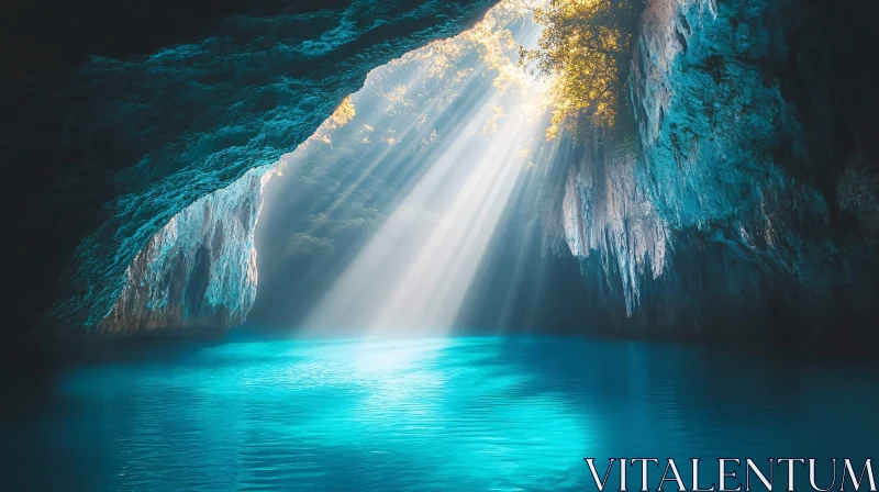 AI ART Cave Illuminated by Sunlight Over Tranquil Blue Water