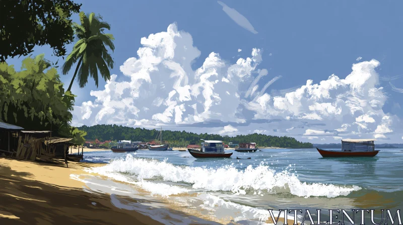 Peaceful Coastal Scene with Boats and Palm Trees AI Image