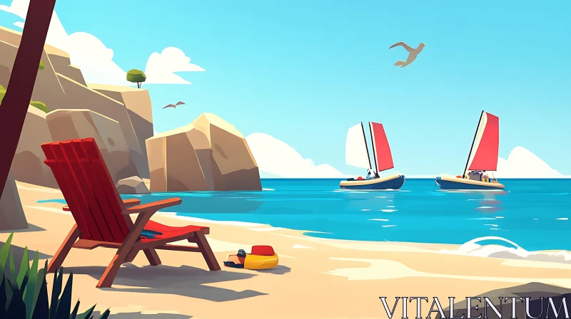 Sunny Coastal View with Boats and Beach Chair AI Image