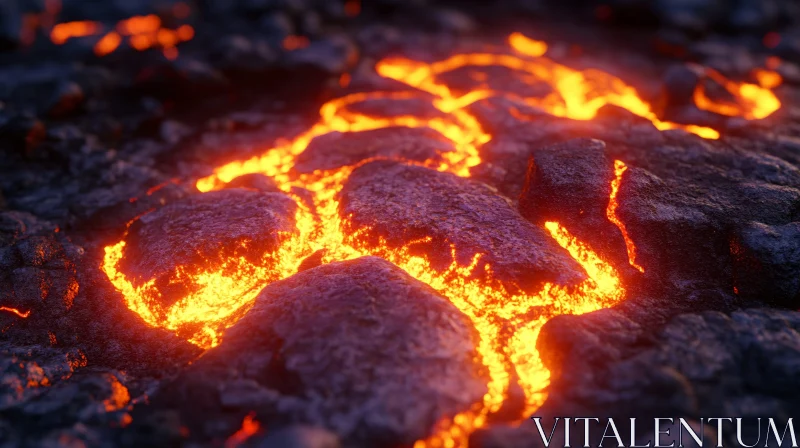 Close-Up View of Flowing Lava and Charred Rocks AI Image