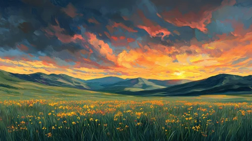 Sunset Panorama with Vibrant Sky and Flower Field