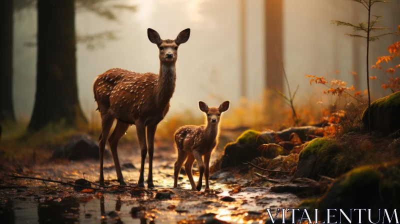 Ethereal Forest Scene: Mother and Fawn Deer at Sunset AI Image