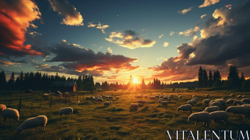 Golden Sunset Over Sheep Grazing in Pasture AI Image