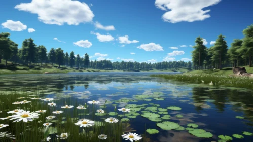 Serene Lake Adorned with Daisies & Lily Pads - Unreal Engine Style
