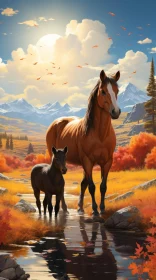 Warm Tonal Illustration of Horse and Foal in Mountainous Landscape