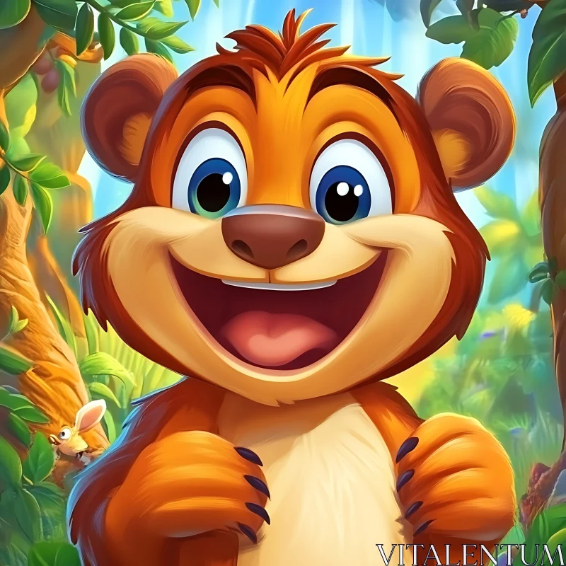 Happy Animated Bear in Forest AI Image