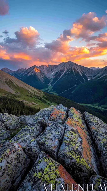 Mountain Sunset with Vibrant Sky and Rocks AI Image