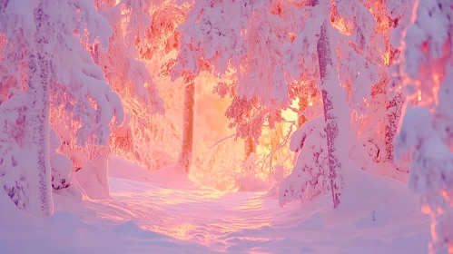 Serene Snow-Covered Forest in Pink and Orange Light