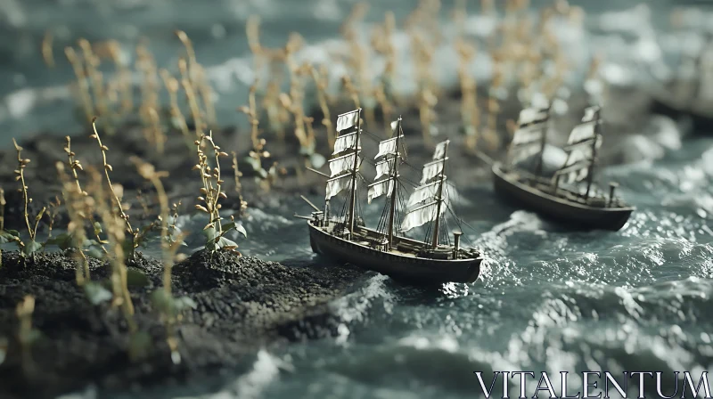 AI ART Tiny Ships Battling Ocean Waves and Surreal Plants