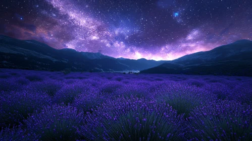 Majestic Nighttime Landscape of Lavender and Stars