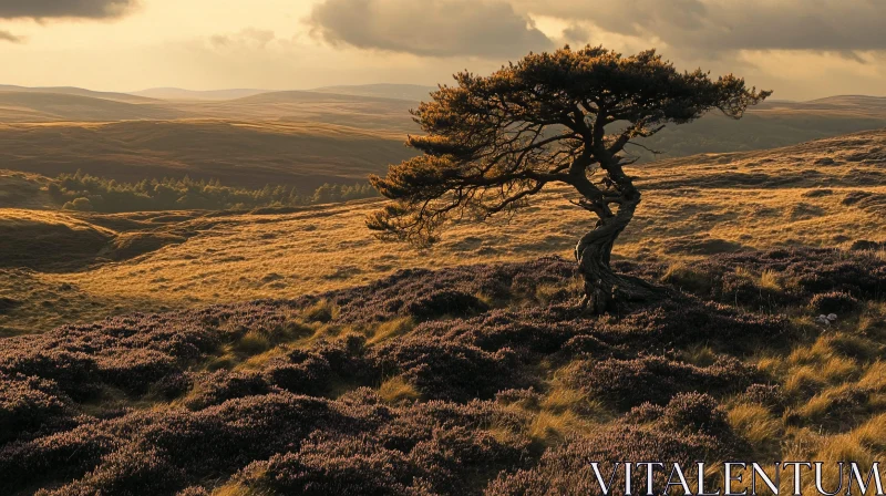 AI ART Golden Hour Over Rolling Hills with Solitary Tree