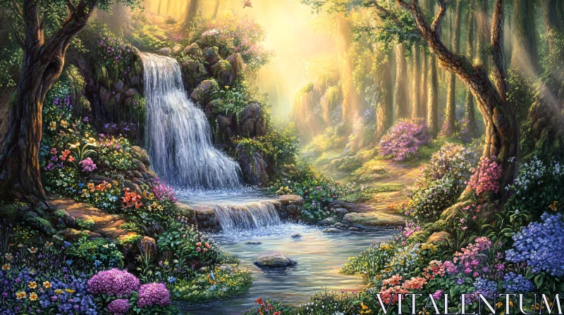 Tranquil Forest Waterfall with Sunlight and Blossoms AI Image