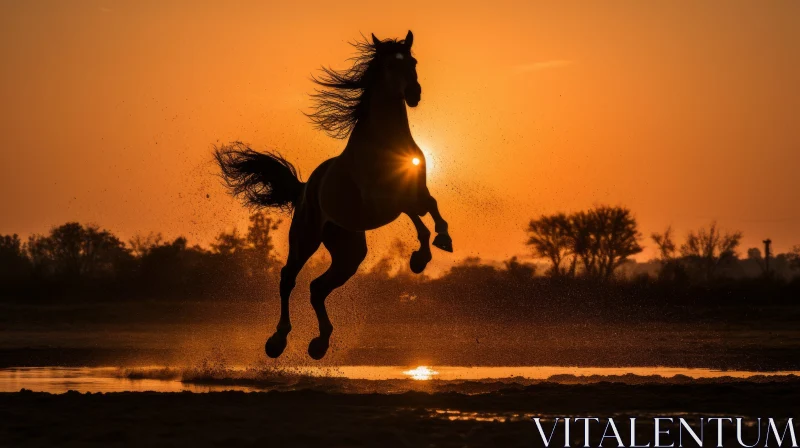 Backlit Horse Jumping Over Water - A Celebration of Rural Wildlife AI Image
