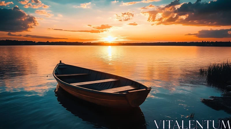 Tranquil Lake Sunset with Boat AI Image