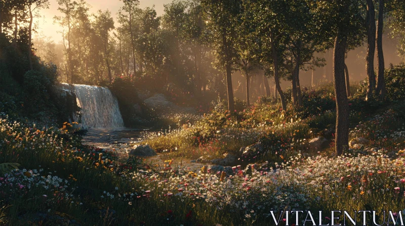 Idyllic Forest Landscape with Waterfall AI Image