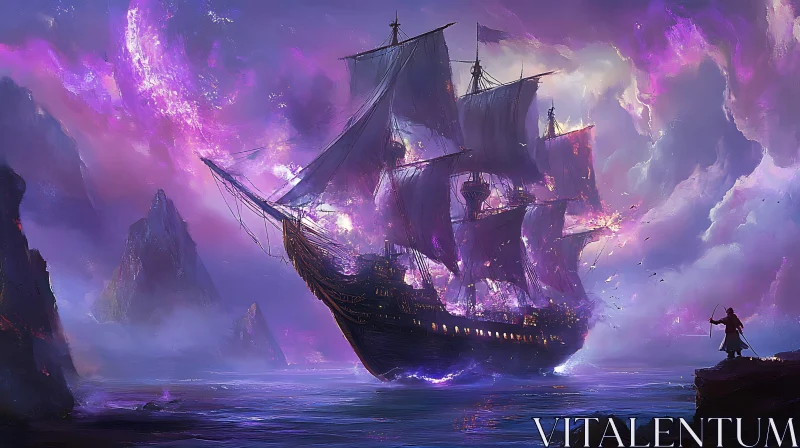 Fantasy Ship Under a Mystical Night Sky AI Image