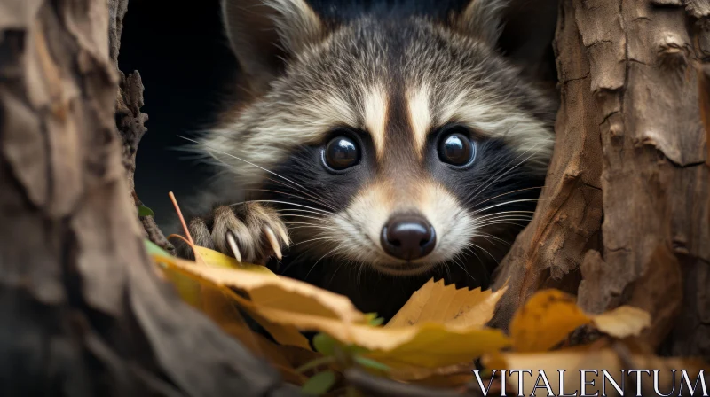 AI ART Intriguing Raccoon Amidst Autumn Leaves - Nature Photography