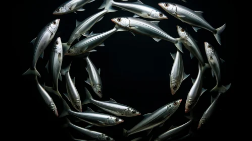 Silver Fish in Circular Formation on Black Background