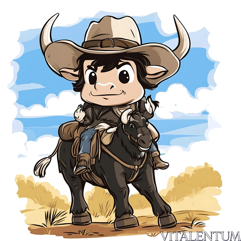 Adorable Cartoon Bull Rider in a Western Scene AI Image