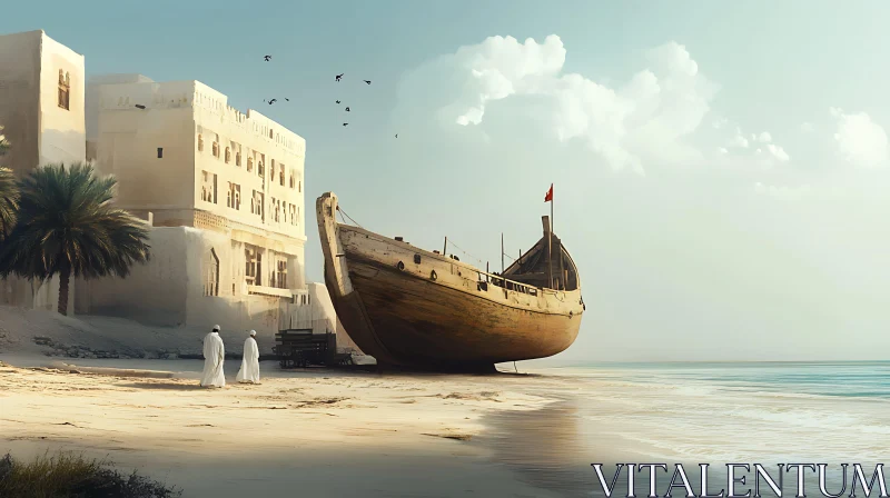 Old Wooden Ship by Desert Building AI Image