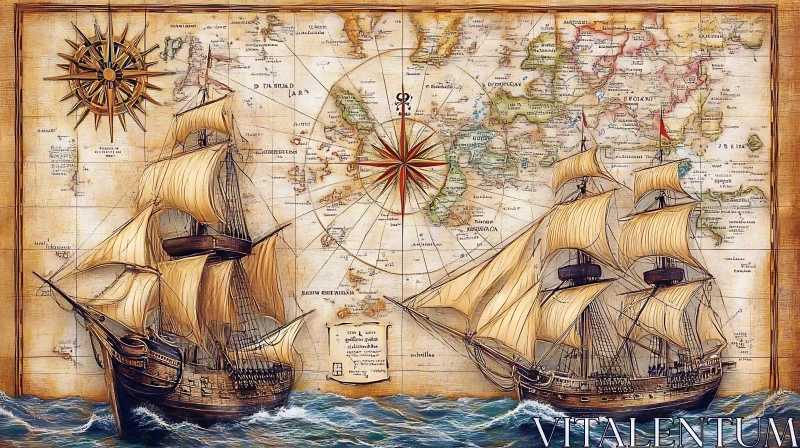 Historical Map Featuring Two Sailing Ships AI Image