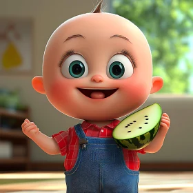 Cheerful Baby with Watermelon in Hand