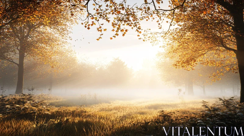 Peaceful Autumn Forest with Sun Rays and Mist AI Image