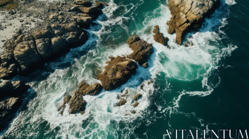 AI ART Aerial View of Ocean Waves Breaking on Rocky Shore - Nature-Inspired Imagery