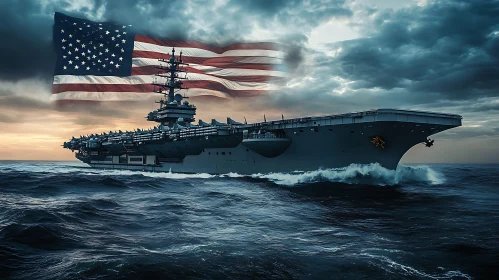 Aircraft Carrier Sailing Under American Flag