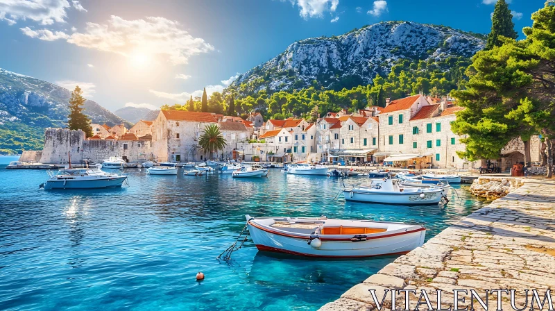 Picturesque Harbor Village in a Sunny Mediterranean Setting AI Image