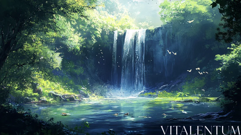 AI ART Serene Forest Waterfall Illustration