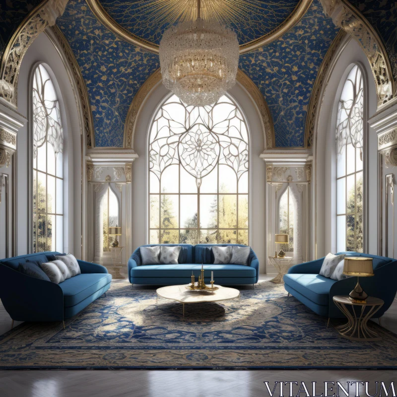 Elegant Blue and Gold Living Room with Gothic Architecture Influences AI Image
