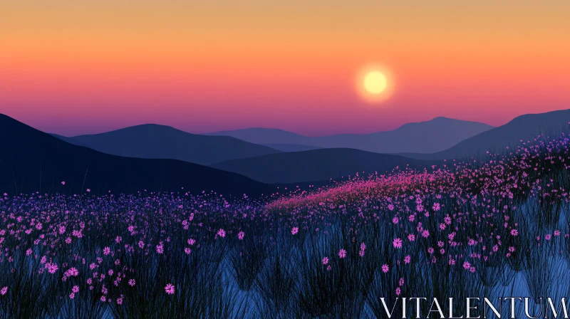 AI ART Sunset Glow Over Blossoming Meadow and Hills