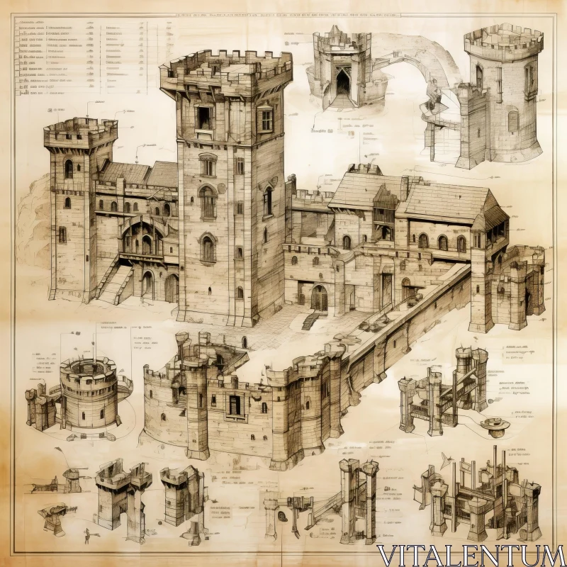 AI ART Vintage Castle Architecture Illustrations and Blueprints