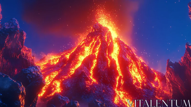 AI ART Powerful Volcano Erupting at Night