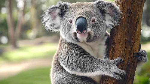 Koala Gripping Tree in Forest