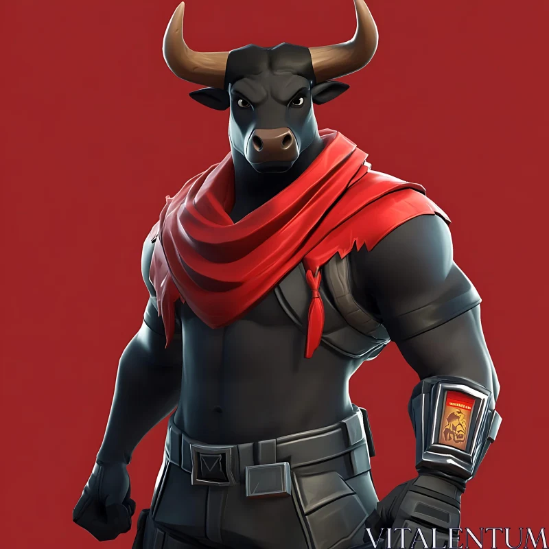 Armored Bull Anthropomorph in Red Scarf AI Image